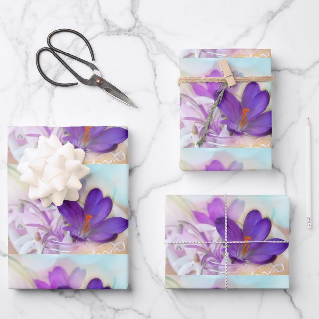 Photo of a Pretty Purple Spring Crocus Patterned Wrapping Paper Sheet (Front)
