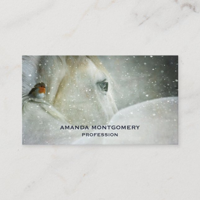 Photo of a White Horse and Bird in Winter Business Card (Front)