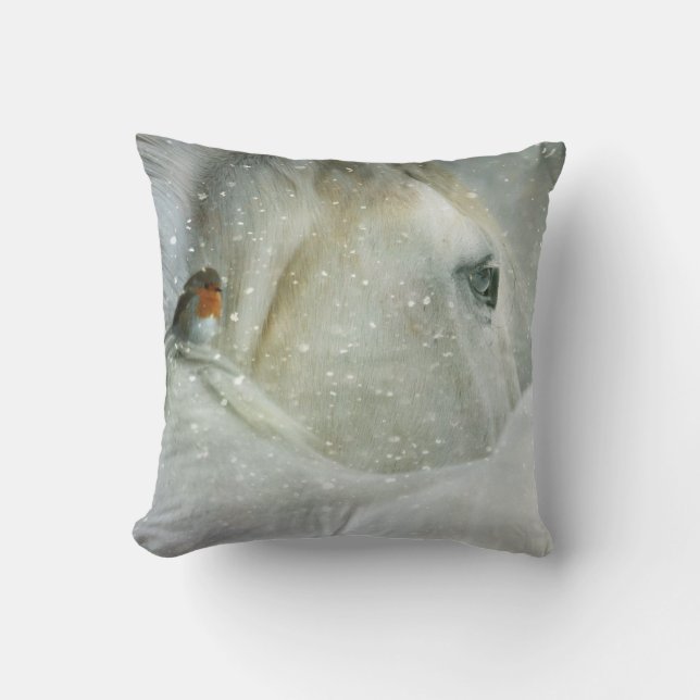 Photo of a White Horse and Bird in Winter Cushion (Front)