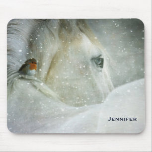 Photo of a White Horse and Bird in Winter Mouse Pad