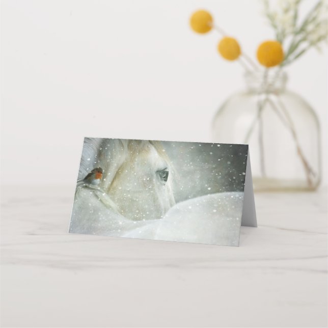 Photo of a White Horse and Bird in Winter Place Card (Front)