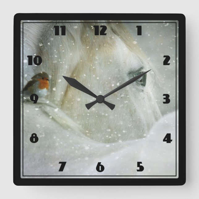 Photo of a White Horse and Bird in Winter Square Wall Clock (Front)