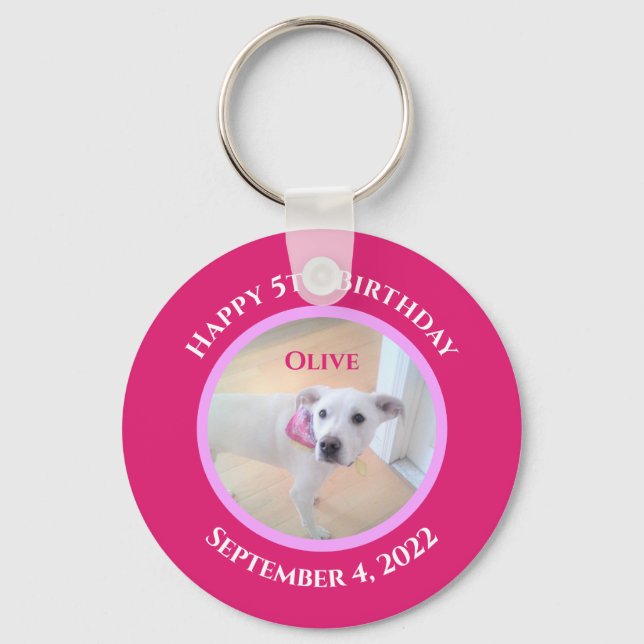Photo of Adorable Puppy Dog Wearing Hot Pink Scarf Key Ring (Front)