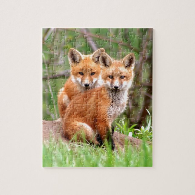 Photo of adorable red fox kits sitting together jigsaw puzzle (Vertical)
