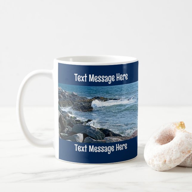Photo of Atlantic Ocean Waves Blue Text Message Coffee Mug (With Donut)