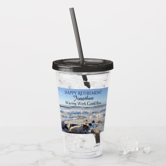 Photo of Atlantic Ocean Waves Happy Retirement Acrylic Tumbler (Front Ice)