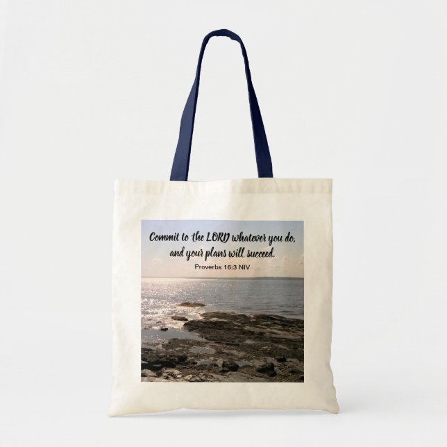 Photo of Atlantic Ocean With Bible Success Verse Tote Bag (Front)