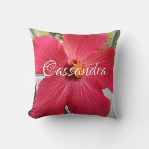 Photo of Beautiful Pink Hibiscus Bloom Custom Name Cushion