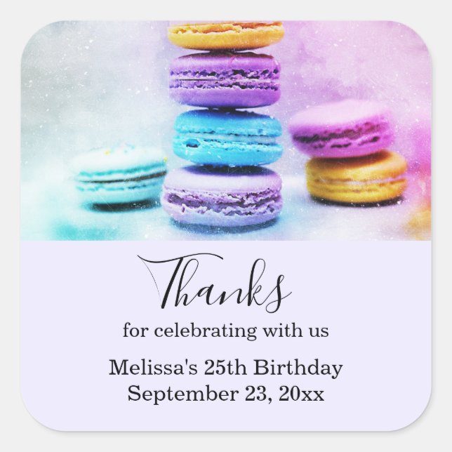 Photo of Colourful Macarons Birthday Thank You Square Sticker (Front)