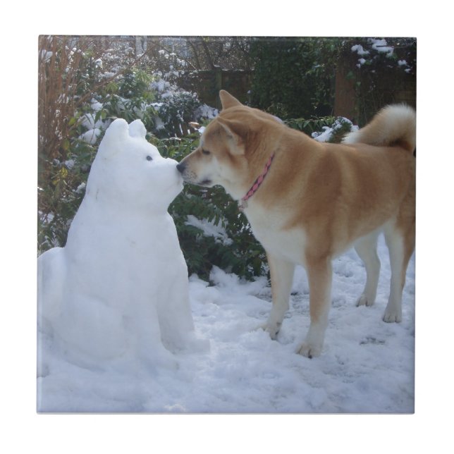 photo of cute akita kissing snowman akita dog ceramic tile (Front)