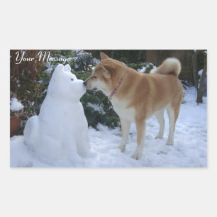 photo of cute akita kissing snowman akita dog rectangular sticker