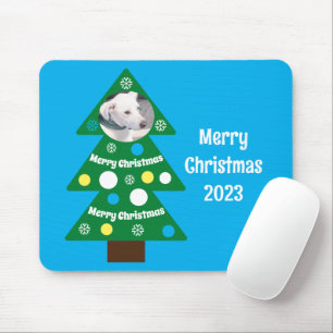 Photo of Cute Dog in Colourful Christmas Tree Blue Mouse Pad