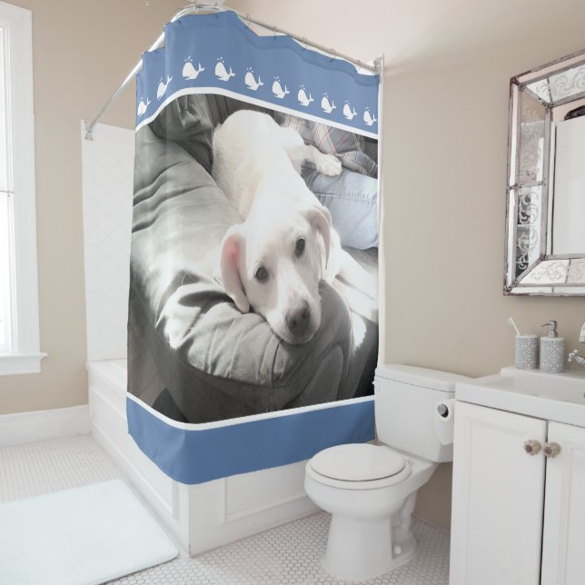 Photo of Cute Dog Sitting Next to Best Friend Blue Shower Curtain (In Situ)
