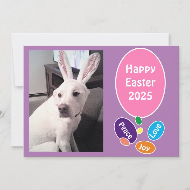 Photo of Cute Dog Wearing Bunny Ears Easter Eggs Holiday Card (Front)