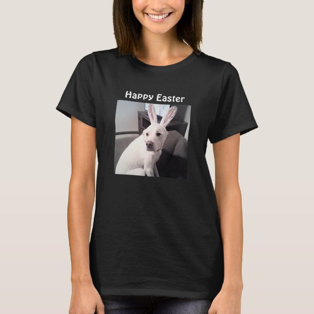 Photo of Cute Dog Wearing Easter Bunny Ears Black T-Shirt (Front)