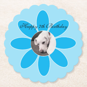Photo of Cute Puppy Dog in Blue Flower Frame Paper Coaster