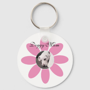 Photo of Cute Puppy Dog in Pink Flower Frame Key Ring