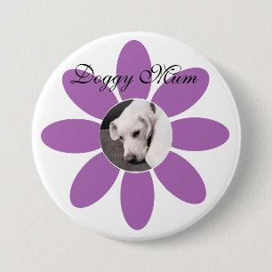 Photo of Cute Puppy Dog in Purple Flower Frame 7.5 Cm Round Badge