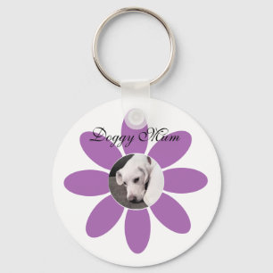 Photo of Cute Puppy Dog in Purple Flower Frame Key Ring
