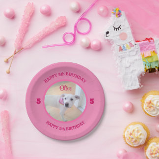 Photo of Cute Puppy Dog Pink Birthday 5 Paper Plate