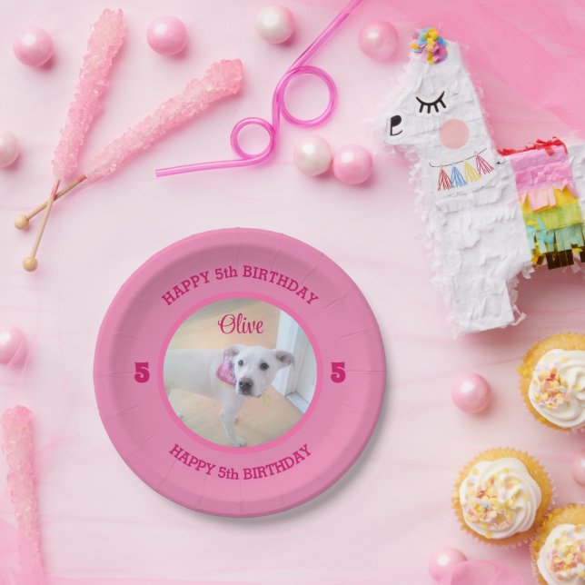 Photo of Cute Puppy Dog Pink Birthday 5 Paper Plate (Party)