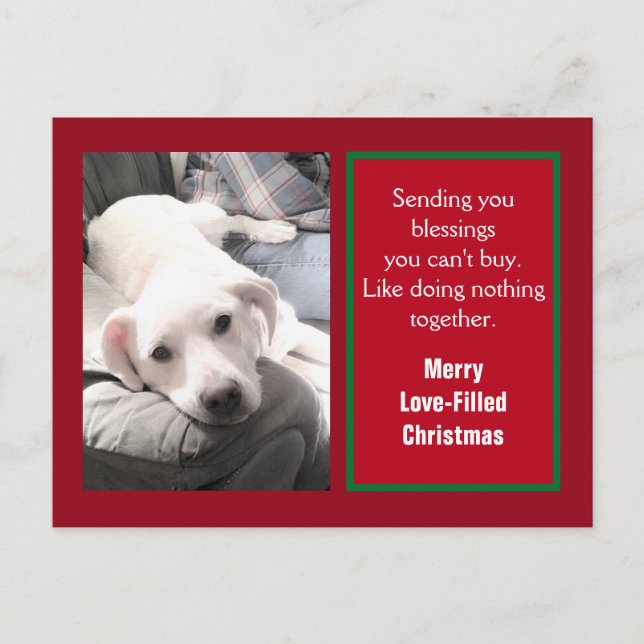 Photo of Cute Puppy Dog With Dad Red Christmas Holiday Postcard (Front)