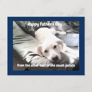 Photo of Cute Tired White Dog Hanging Out with Dad Holiday Postcard