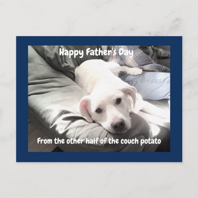 Photo of Cute Tired White Dog Hanging Out with Dad Holiday Postcard (Front)