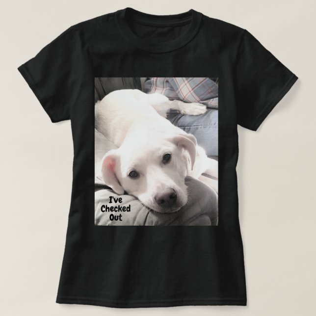 Photo of Cute Tired White Puppy Dog On Couch T-Shirt (Design Front)