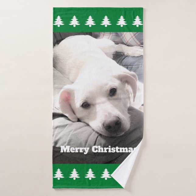 Photo of Cute White Dog Green Christmas Trees Bath Towel (Bath Towel)