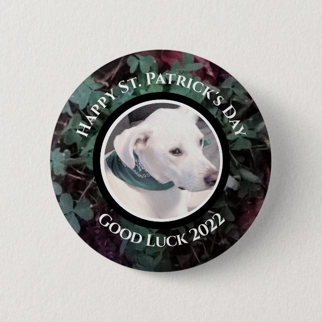Photo of Cute White Dog Green Shamrocks Clovers 6 Cm Round Badge (Front)