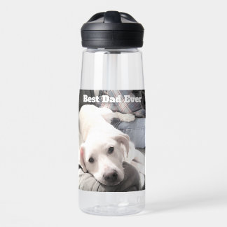 Photo of Cute White Dog Hanging Out with Dad Water Bottle