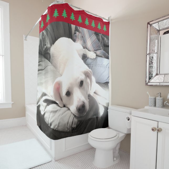 Photo of Cute White Dog Red Christmas Trees Shower Curtain (In Situ)
