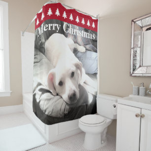Photo of Cute White Dog Red Christmas Trees Shower Curtain