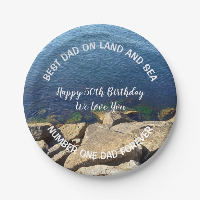 Photo of Deep Blue Ocean Best Dad 50th Birthday Paper Plate (Front)