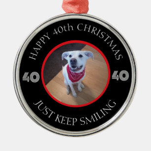 Photo of Dog Grinning Birthday 40 Black and Red Metal Ornament