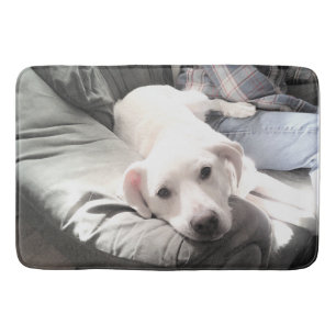 Photo of Dog Sitting Next to Best Friend Blue Bath Mat