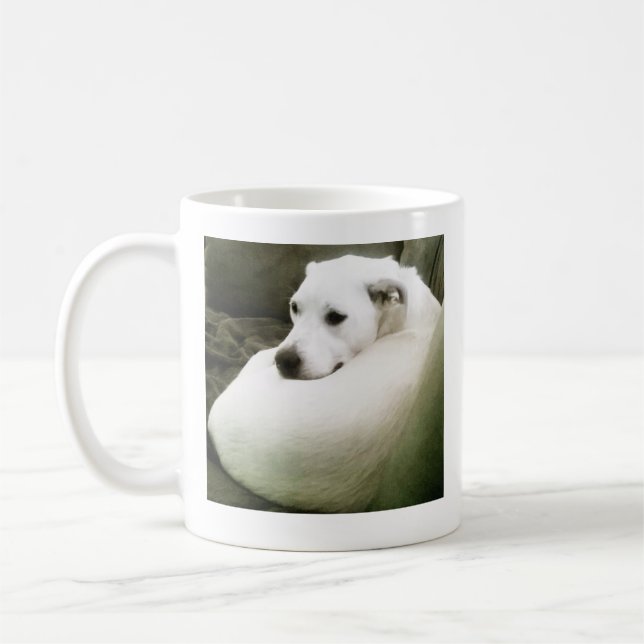 Photo of Elegant White Dog Curled Up on Couch Coffee Mug (Left)