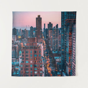 PHOTO OF HIGH-RISE BUILDINGS WITH BLUE AND PINK SK TAPESTRY