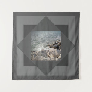 Photo of Ocean and Rocks Grey Square Tapestry