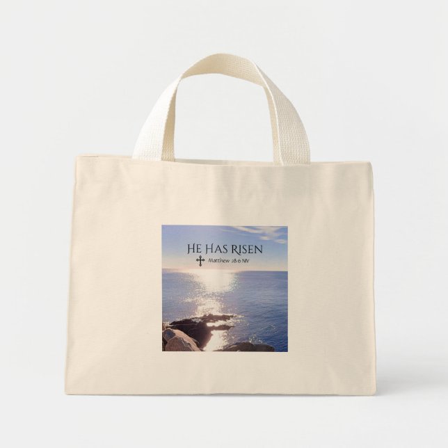 Photo of Ocean Christ has Risen Bible Verse Easter Mini Tote Bag (Front)