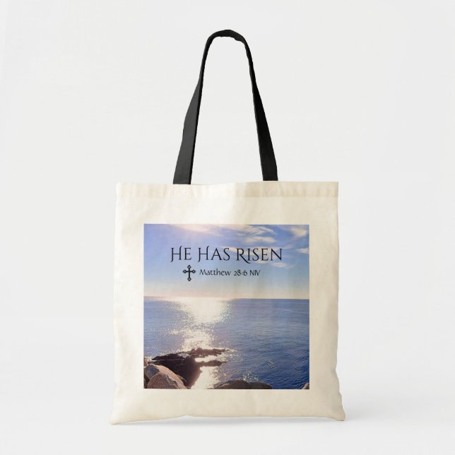 Photo of Ocean Christ has Risen Bible Verse Easter Tote Bag (Front)