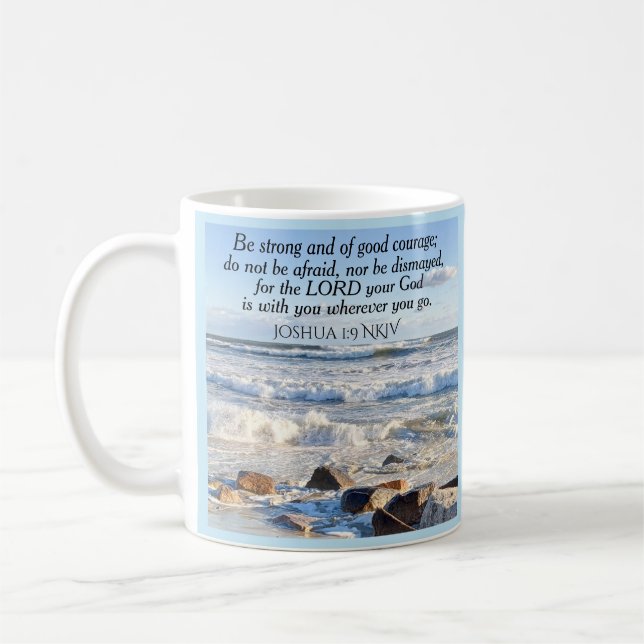Photo of Ocean Courage Bible Verse Name Blue Coffee Mug (Left)