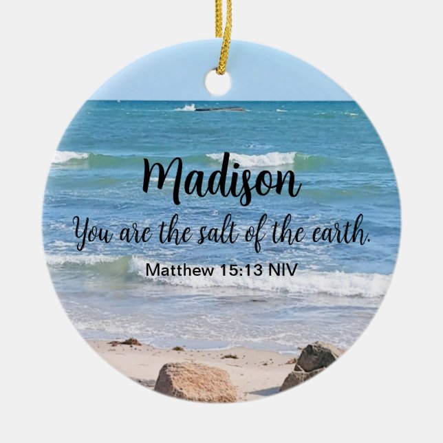 Photo of Ocean Salt of the Earth Bible Verse Blue Ceramic Ornament (Front)