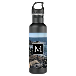 Photo of Ocean Waves and Rocks Initial Black 710 Ml Water Bottle