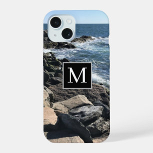 Photo of Ocean Waves and Rocks Initial Black iPhone 15 Case