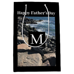 Photo of Ocean Waves and Rocks Initial Black Medium Gift Bag