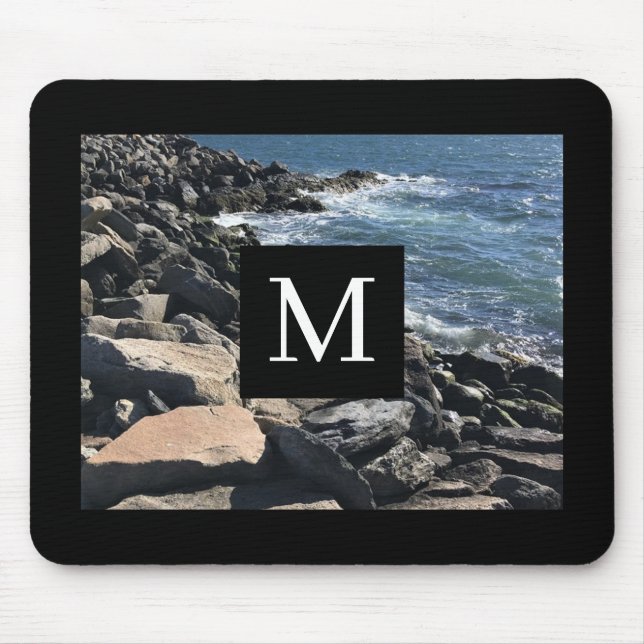 Photo of Ocean Waves and Rocks Initial Black Mouse Pad (Front)