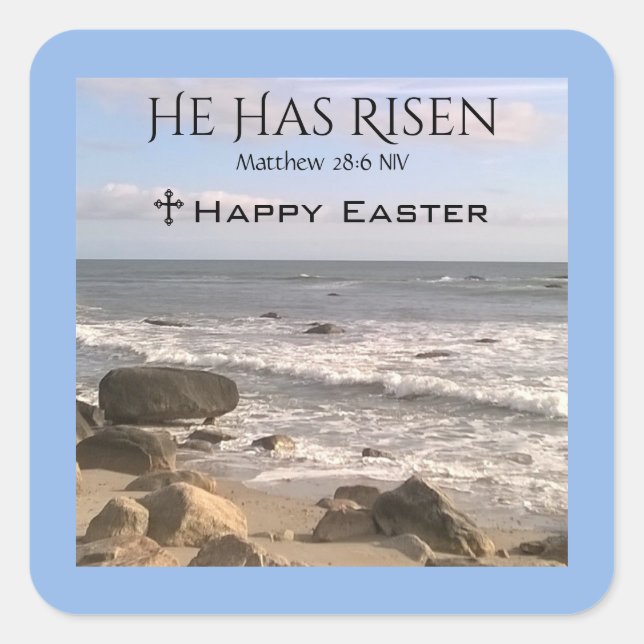 Photo of Ocean With Resurrection Scripture Easter Square Sticker (Front)