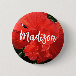 Photo of Orange Double Hibiscus Custom Name 6 Cm Round Badge